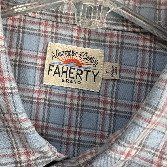 Faherty Mens Shirt L Button Front Blue Plaid Long Sleeve Active Cotton Pocket - Picture 6 of 11